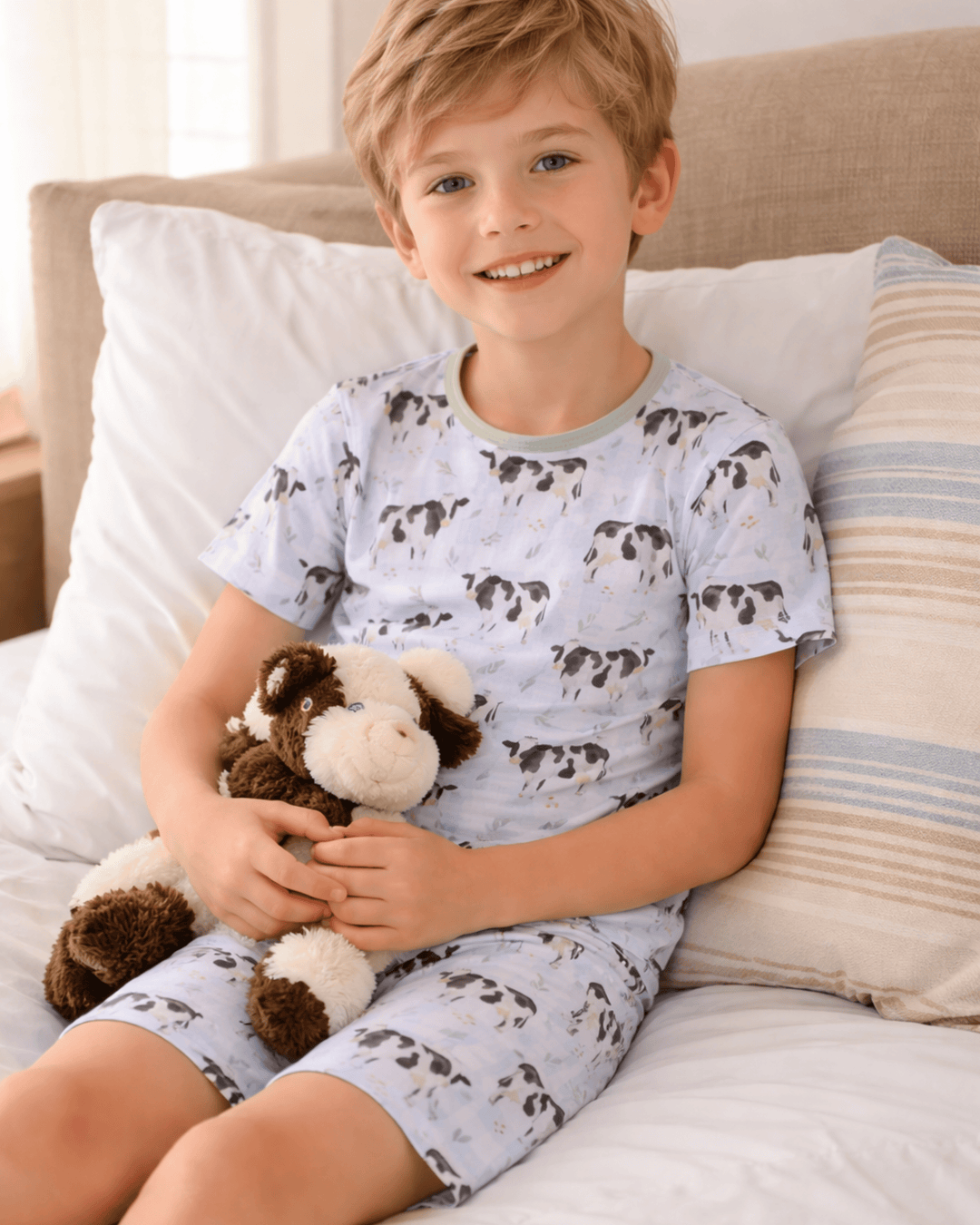 Child wearing pajamas with a cow pattern, sitting on a couch holding a stuffed cow toy.
