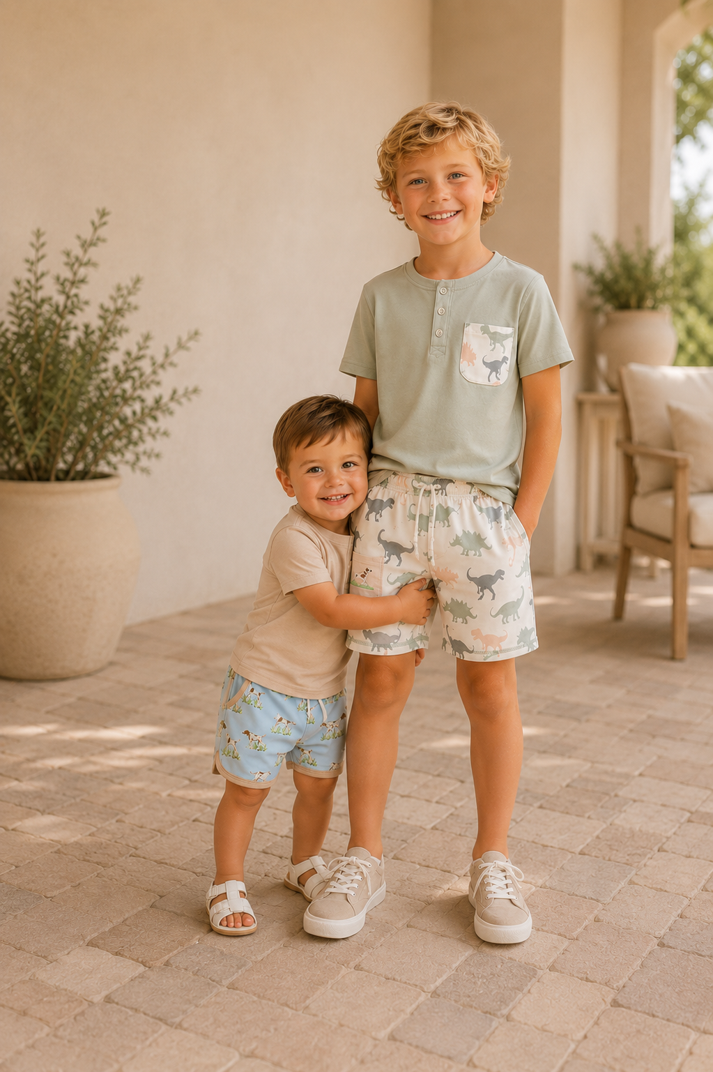 Two young boys wearing light-colored short-sleeve t-shirts and patterned shorts standing together on a tiled patio. The older boy wears a sage green shirt with a white pocket graphic and dinosaur-print shorts, while the younger boy wears a beige shirt with blue patterned shorts.