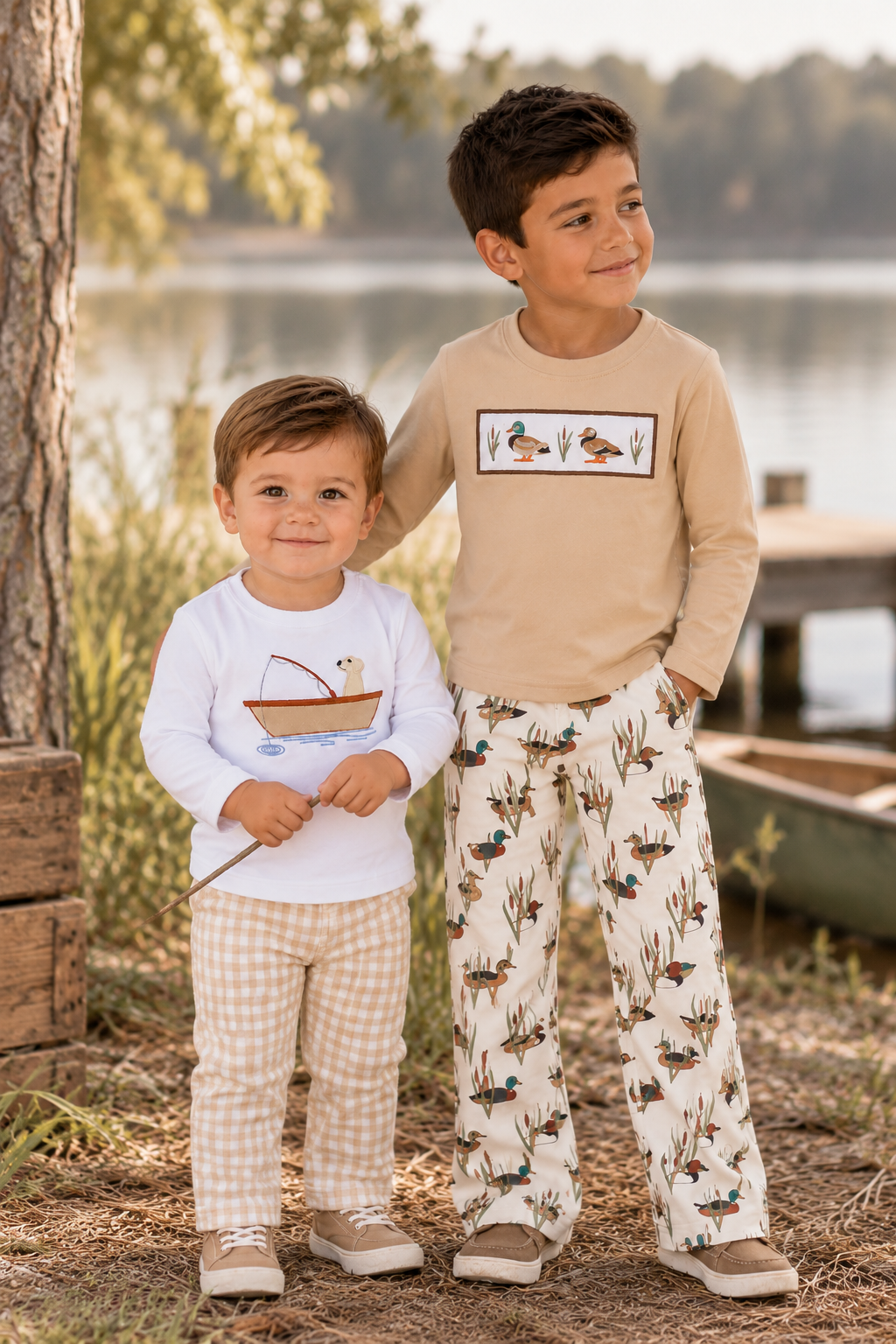 Two children standing outdoors near a lake and dock, wearing matching long-sleeve pajama-style tops and pants. The older child wears a beige top with a duck graphic and cream patterned pants, while the younger child wears a white top with a boat graphic and beige gingham pants.