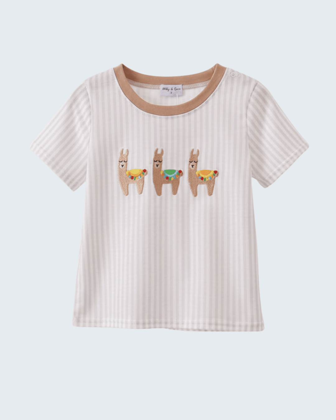 Light cream striped alpaca embroidered top with brown crew neckline and cartoon alpaca motifs
