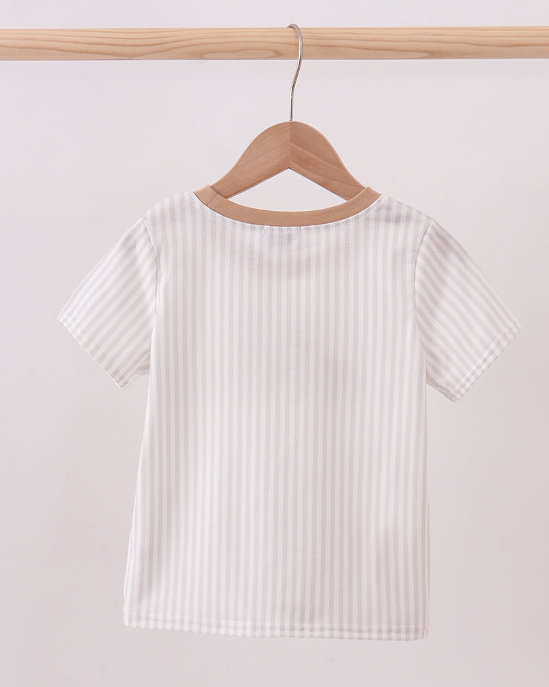 Cream striped short-sleeve kids T-shirt with round neckline