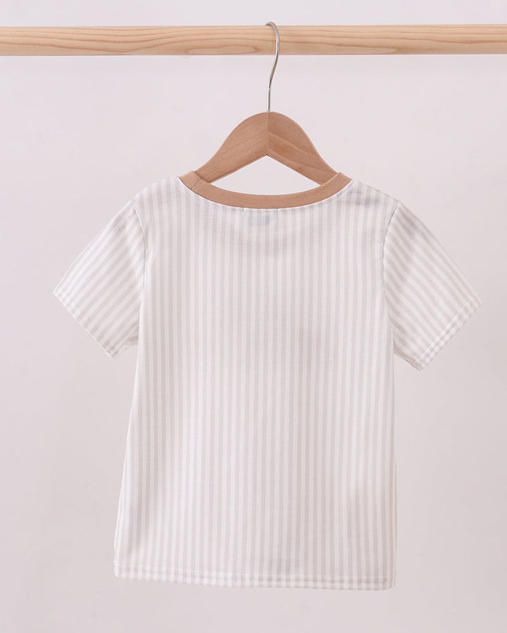 Cream striped short-sleeve kids T-shirt with round neckline
