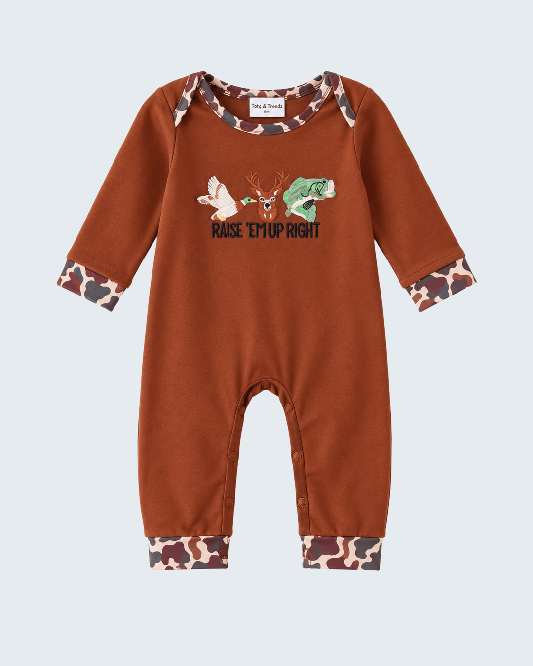 Brown Camouflage Hunting Embroidered Baby Boy Romper