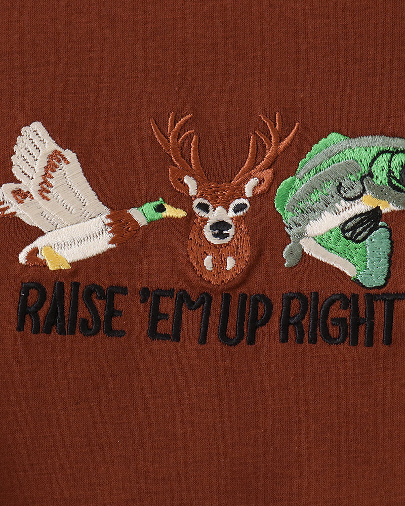 Brown romper chest embroidery with deer, eagle, and colorful slogan graphic