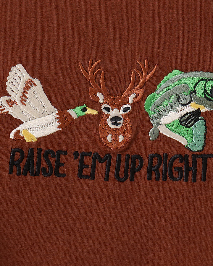 Brown romper chest embroidery with deer, eagle, and colorful slogan graphic