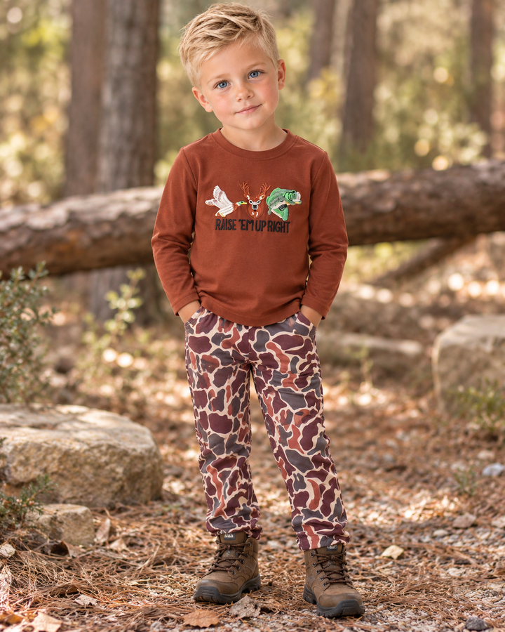 Older boy is wearing a Brown Camouflage Hunting Embroidered Pants Set