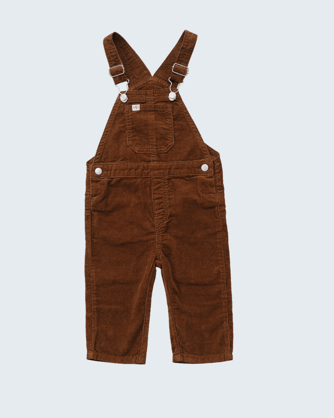Brown corduroy overalls with bib front pocket and adjustable button straps