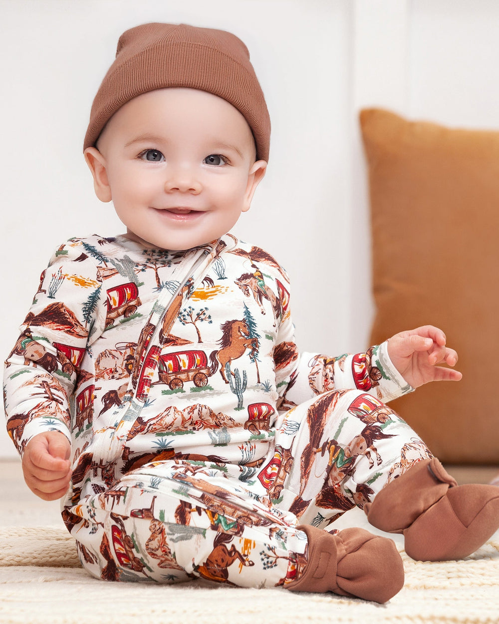 Brown Cowboy Bamboo Zipper Romper