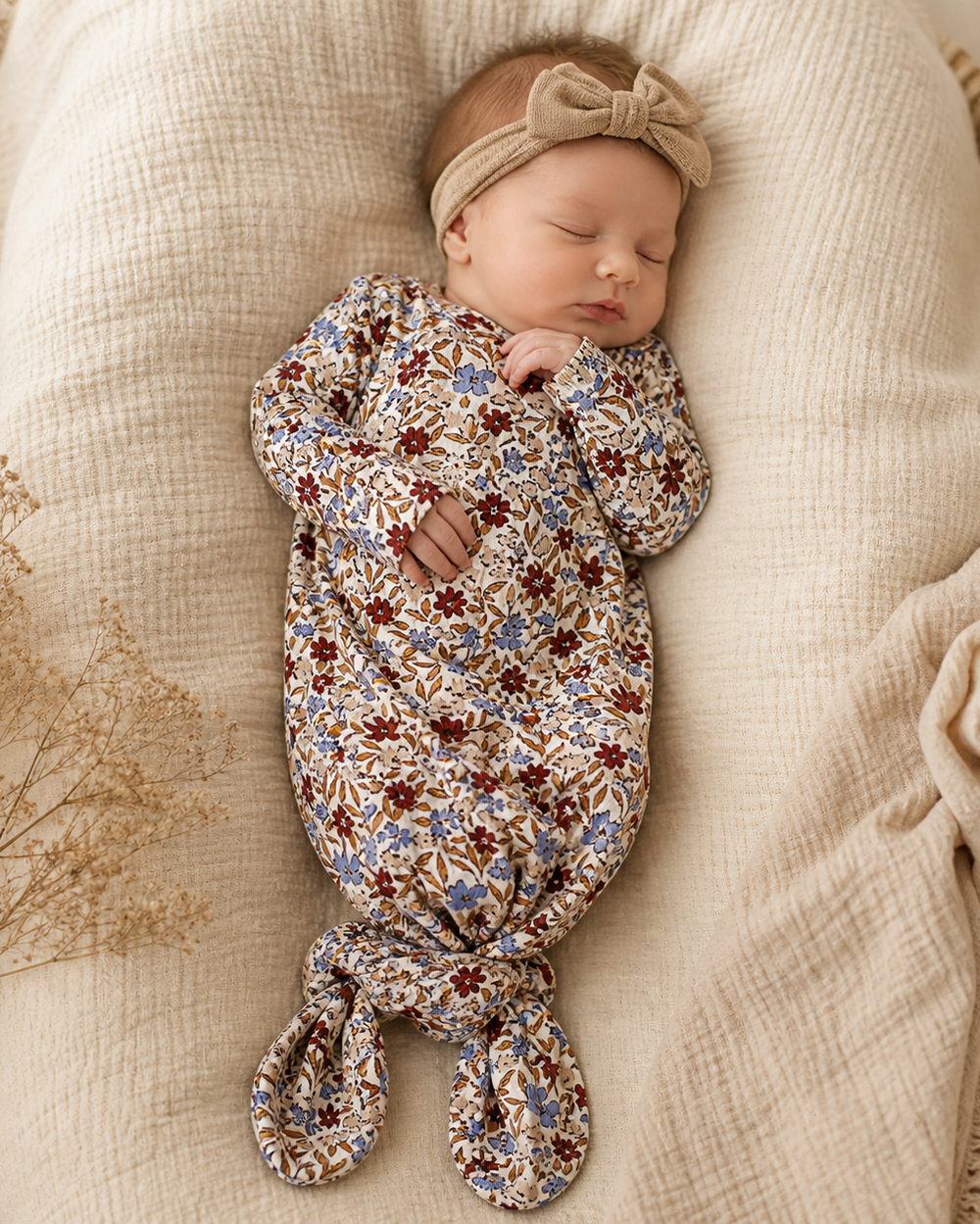 Newborn baby wrapped in a floral swaddle on a textured surface