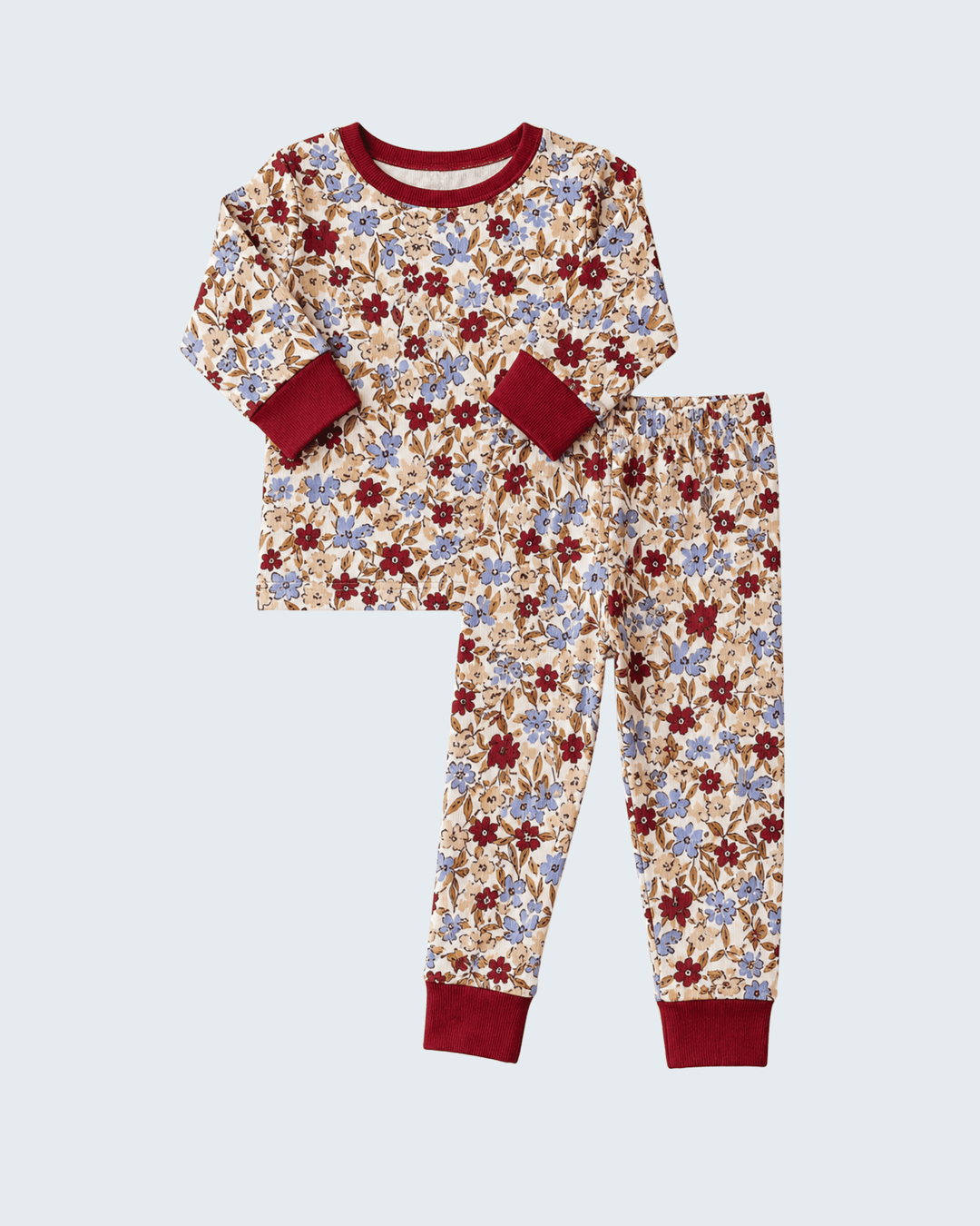 Floral ribbed bamboo pajama set with long sleeves and matching pants, red cuffs