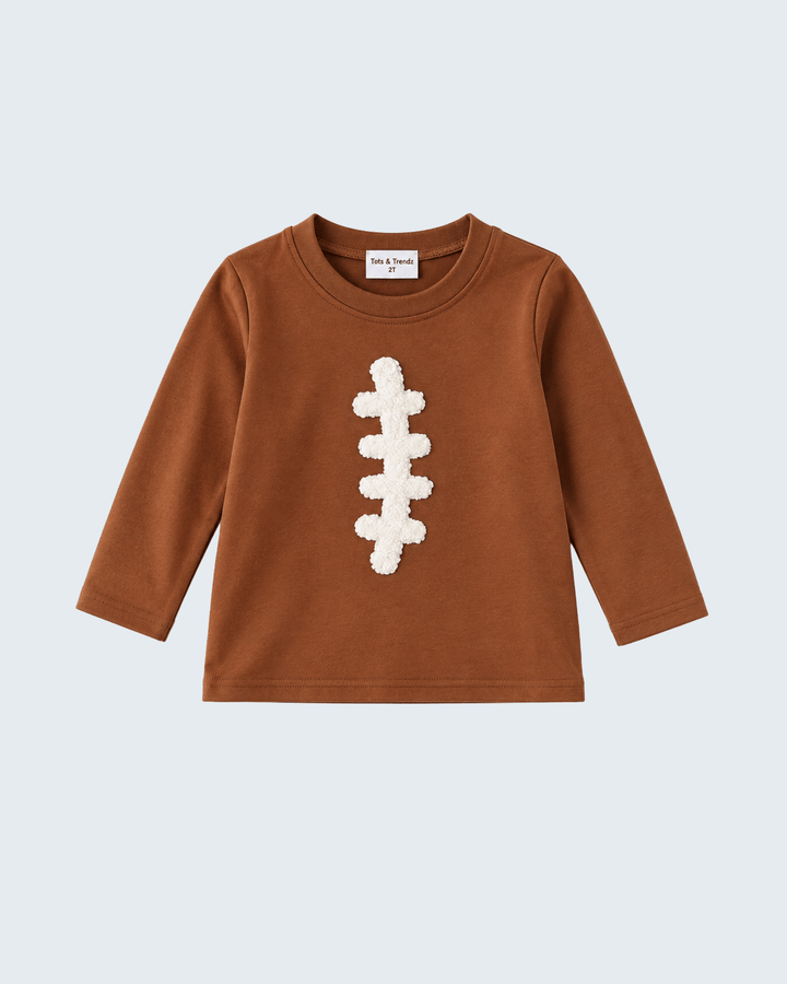Brown long-sleeve crewneck top with white French-knot football stripe applique.