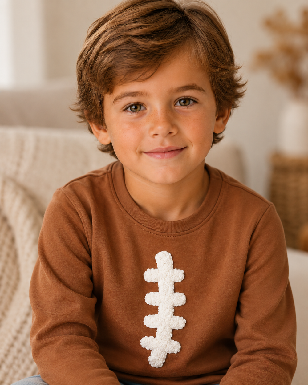 Brown long-sleeve top with white French-knot football applique, worn by child.
