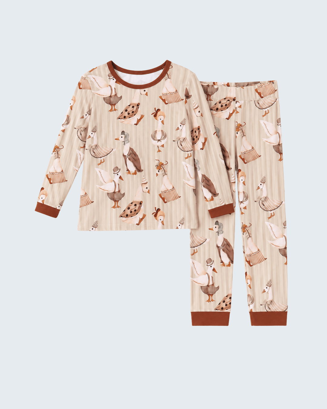 Cream long-sleeve pajama set with elastic-waist pants, brown animal print