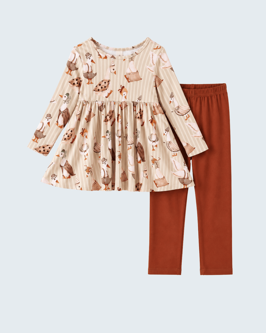 Cream animal-print tunic with gathered skirt and rust-brown matching leggings