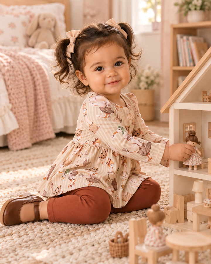 Toddler in cream animal-print tunic and rust-brown leggings with bow hair tie