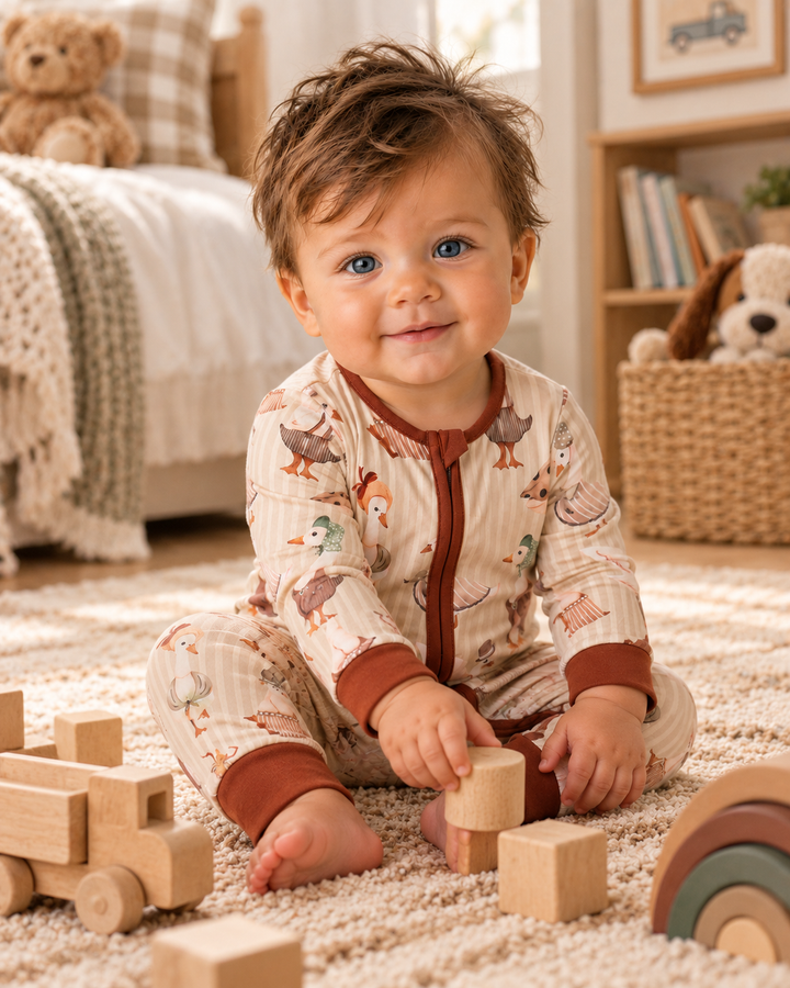 Baby wearing animal-print romper with brown front zipper while playing