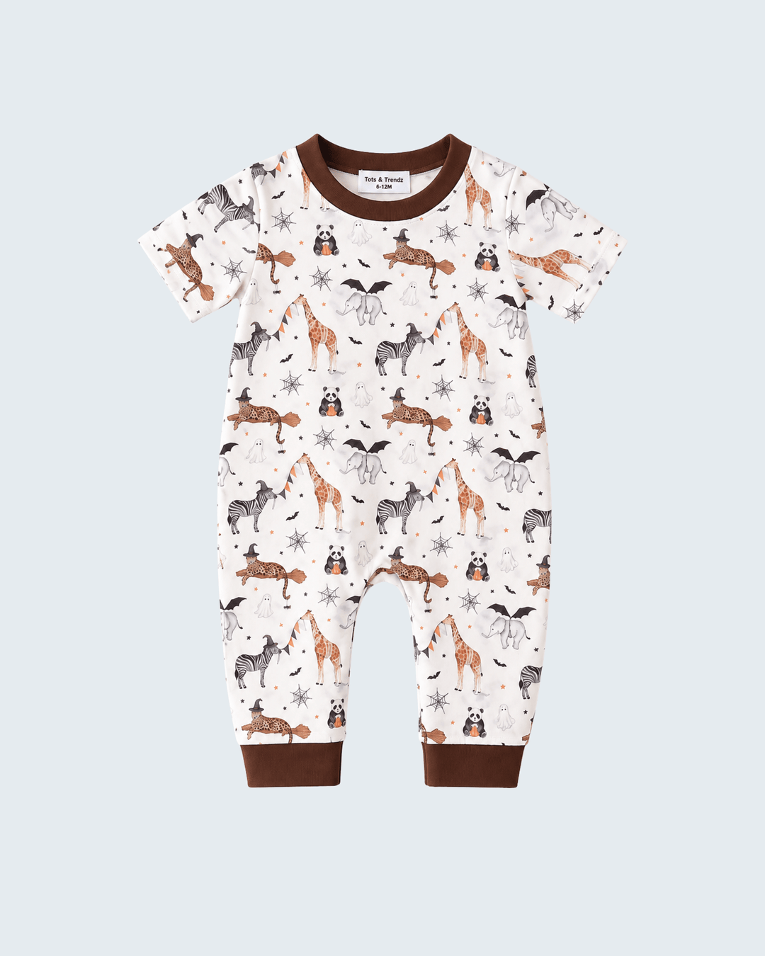 A baby short-sleeve footless jumpsuit with an all-over woodland animal print on an off-white background, featuring brown ribbed trim at the crew neck, sleeve cuffs, and ankle cuffs.