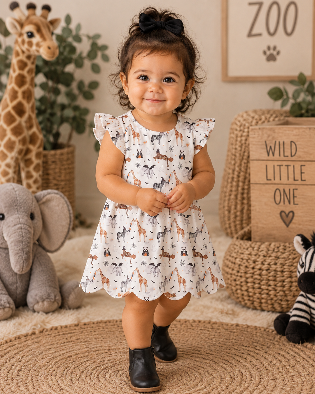 A toddler girl wearing a white ruffle-sleeve dress with an all-over safari animal print, standing in a styled nursery setting with plush toys and a giraffe.