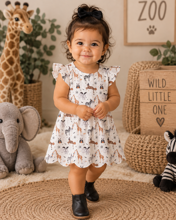 A toddler girl wearing a white ruffle-sleeve dress with an all-over safari animal print, standing in a styled nursery setting with plush toys and a giraffe.
