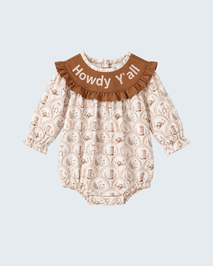 Cream print bubble romper with brown embroidered &