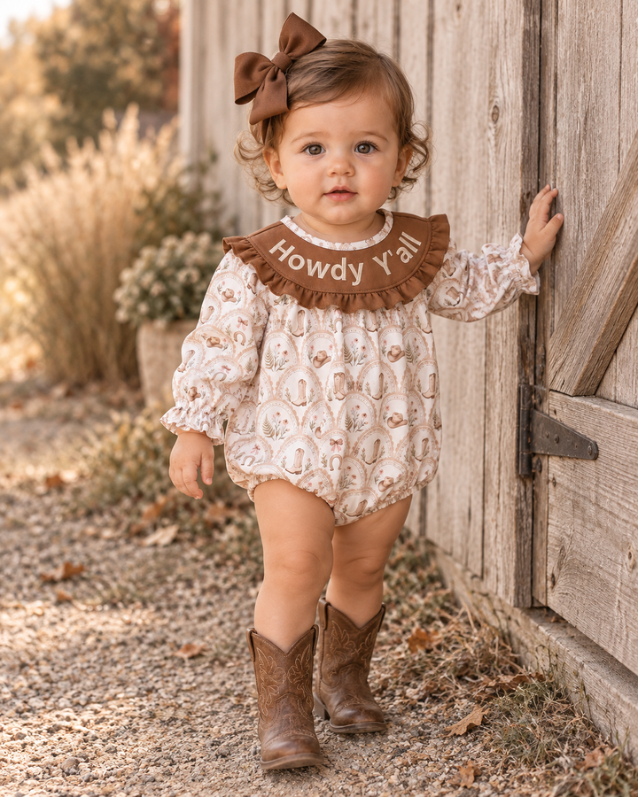 Toddler bubble romper with brown ruffled yoke and embroidered &