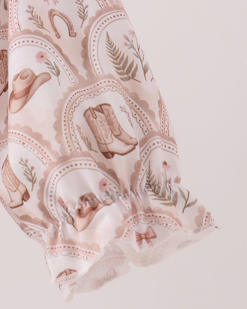 Brown ruffle yoke bubble romper with embroidered &