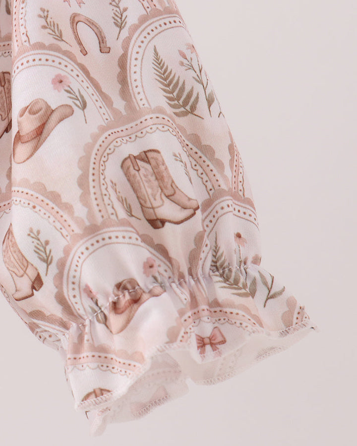 Brown ruffle yoke bubble romper with embroidered &