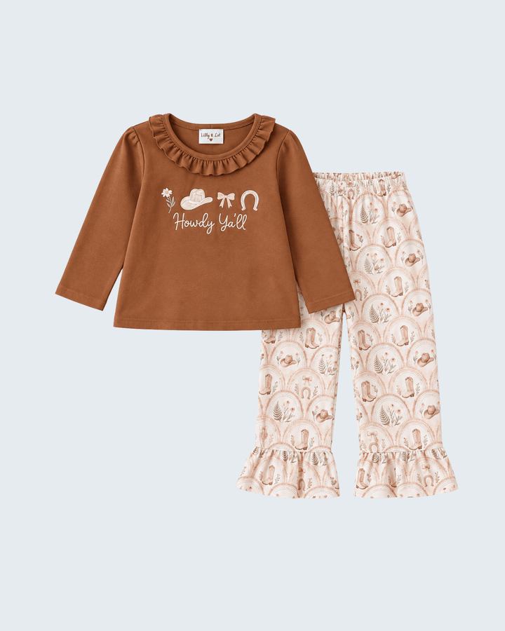Toddler western set: brown embroidered top with cream ruffle pants