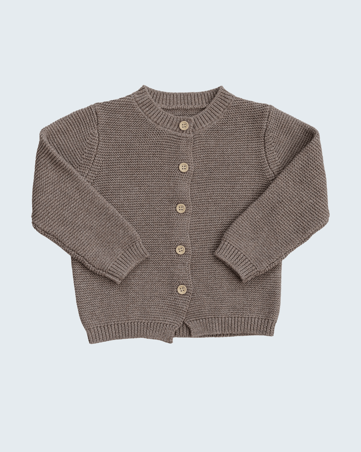 A brown ribbed knit cardigan sweater with four light brown buttons, laid flat against a light gray background.