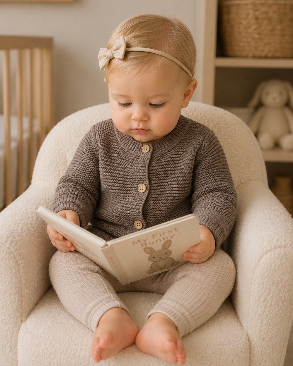 A baby girl sitting in a cream-colored armchair, reading a book. She is wearing a brown knit cardigan, cream ribbed pants, and a matching cream bow headband.