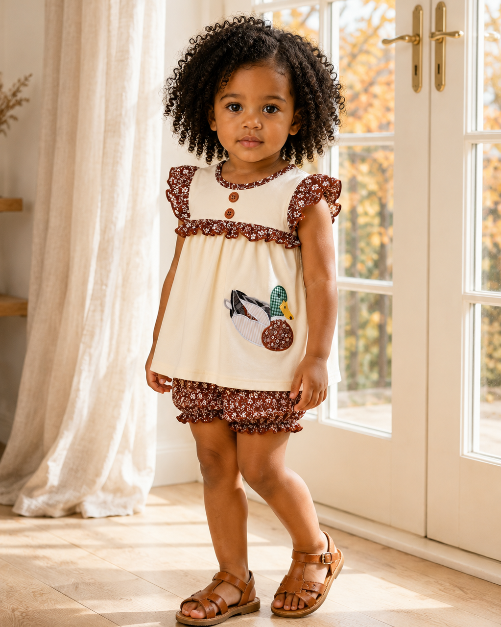 A toddler girl with curly black hair stands in a bright room wearing a cream dress with brown patterned ruffle trim and a duck applique on the front, paired with brown sandals.