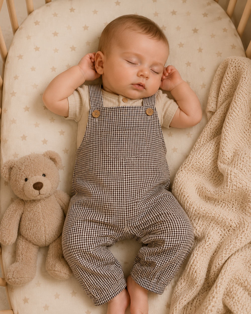 A sleeping baby wearing brown and beige gingham check overalls and a cream t-shirt, lying in a wooden bassinet next to a teddy bear and a knitted blanket.