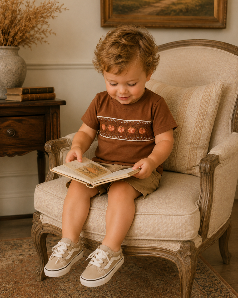 A toddler boy sitting in a vintage-style upholstered armchair, reading a book. He is wearing a brown short-sleeve t-shirt with a horizontal pattern of orange pumpkins and white stripes, khaki shorts, and beige sneakers.