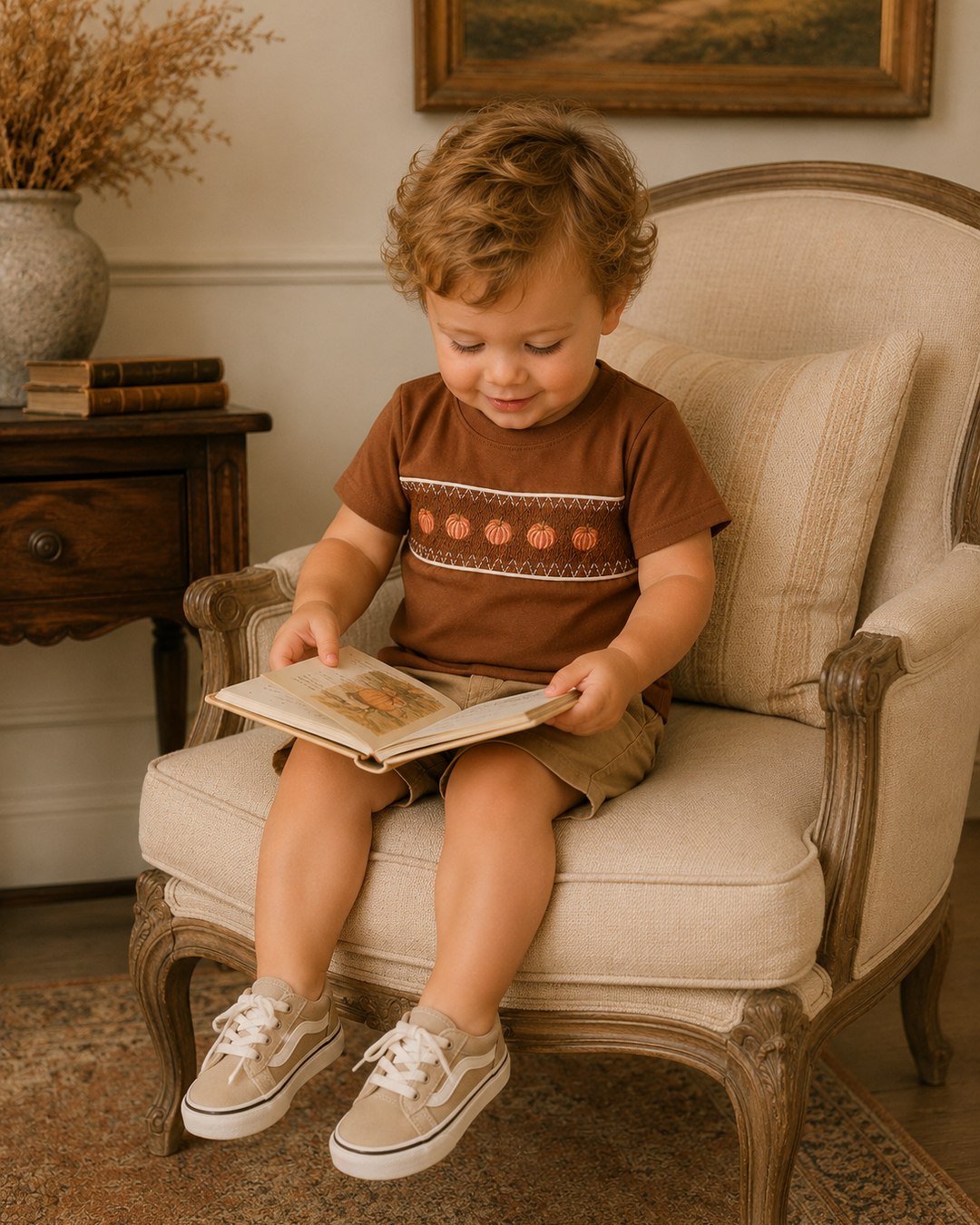 A toddler boy sitting in a vintage-style upholstered armchair, reading a book. He is wearing a brown short-sleeve t-shirt with a horizontal pattern of orange pumpkins and white stripes, khaki shorts, and beige sneakers.