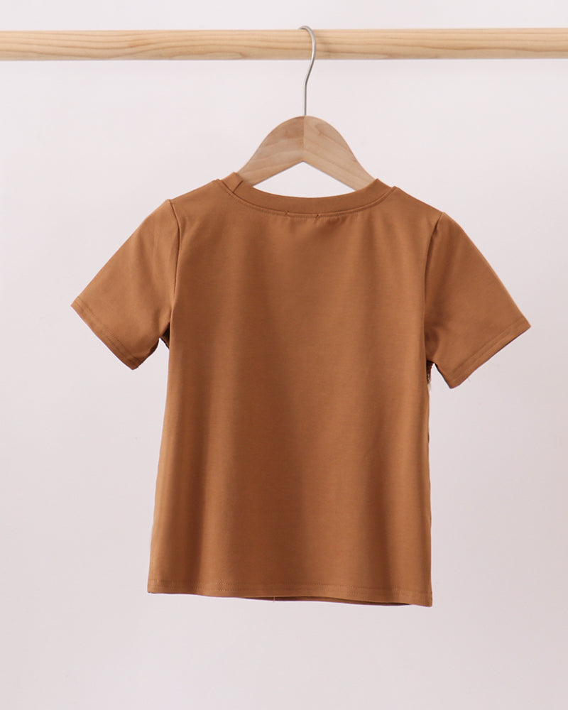 Brown short-sleeve smock top with crew neck, plain back view