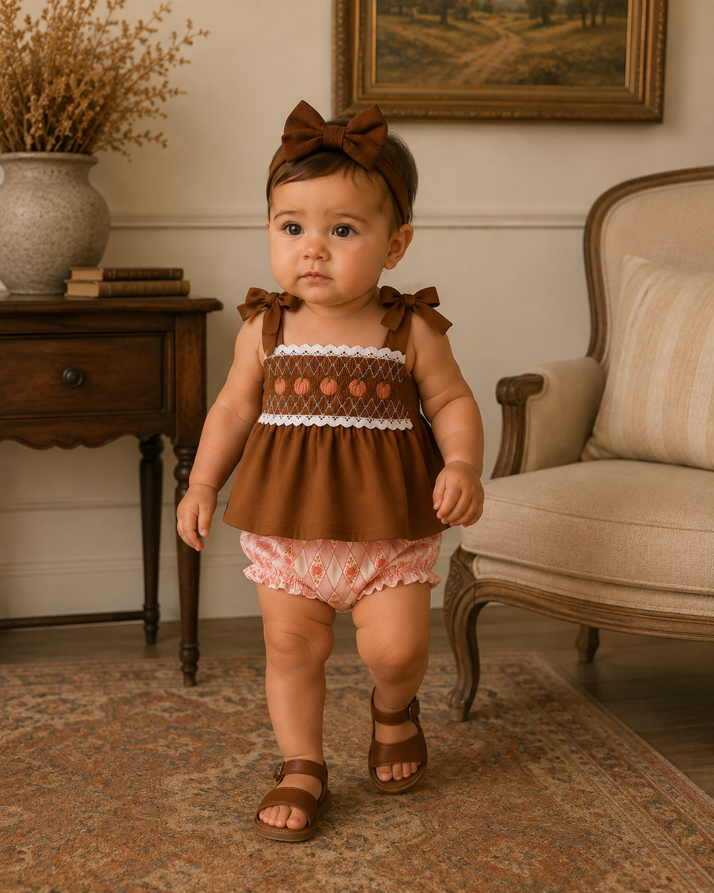 Smocked lace brown dress and pink patterned bloomers worn by toddler with bow headband