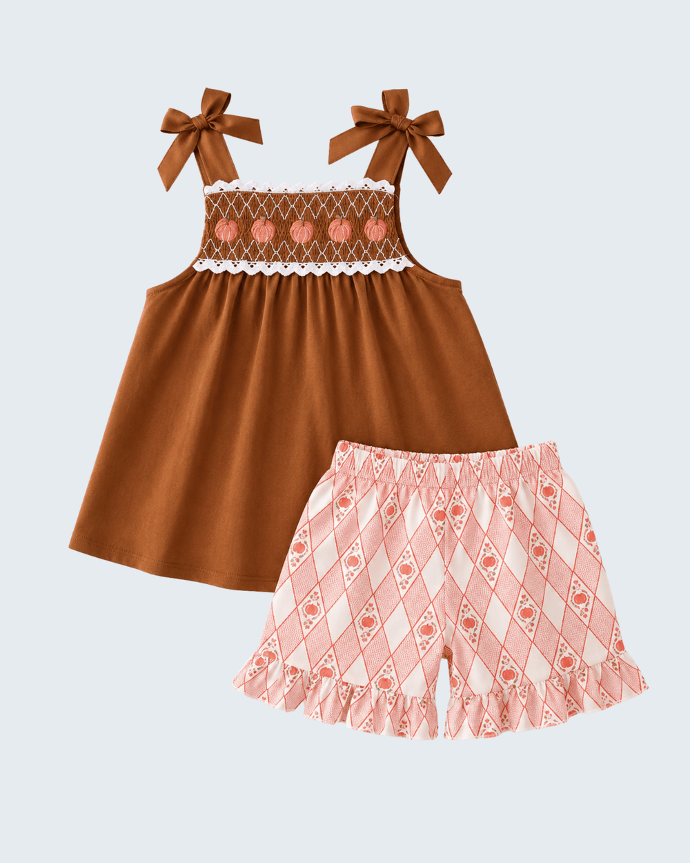 Brown smocked lace cami top and ruffled patterned shorts set with bows