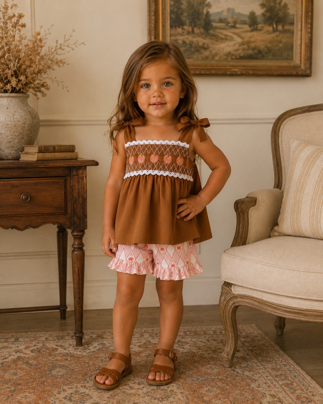 Brown smocked lace tank with bow straps and matching ruffled shorts, worn by child