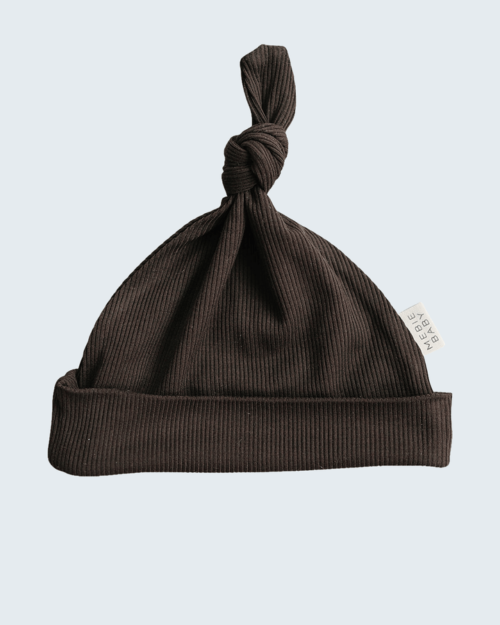 Dark brown ribbed newborn knot hat with gathered top bow