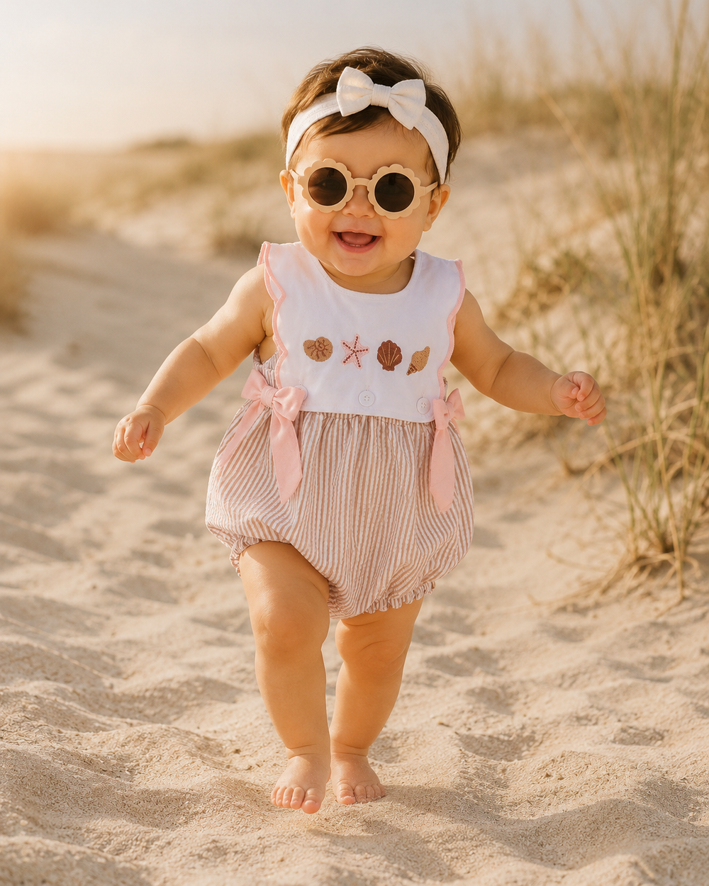 Baby in a pink outfit with sunglasses and a headband walking on sand