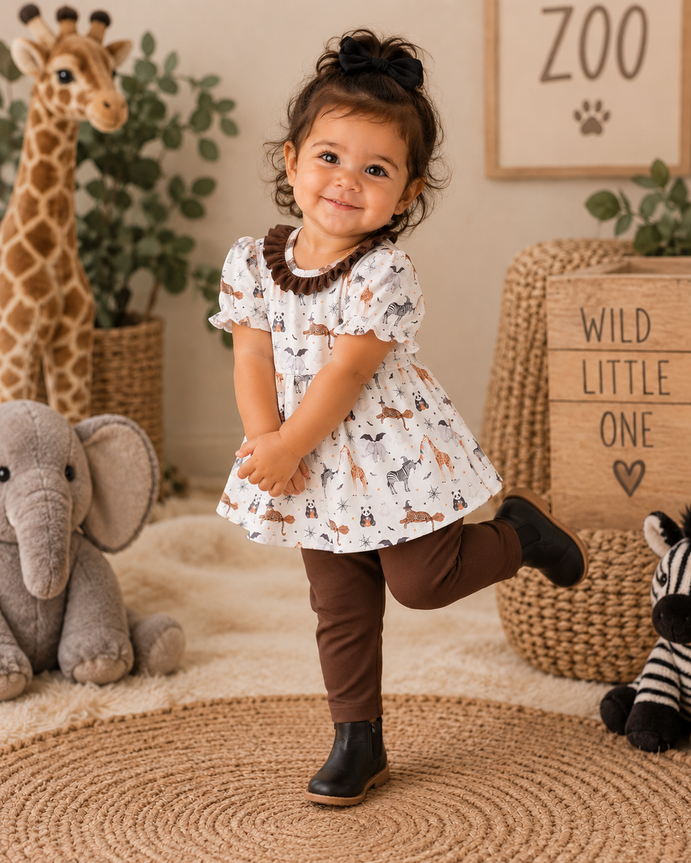 A toddler girl stands on a woven rug in a styled nursery setting, wearing a white short-sleeve dress with a safari animal print, brown pants, and black boots. The background features plush toys, a stuffed giraffe, a wooden sign reading 'WILD LITTLE ONE', and a framed 'ZOO' print.