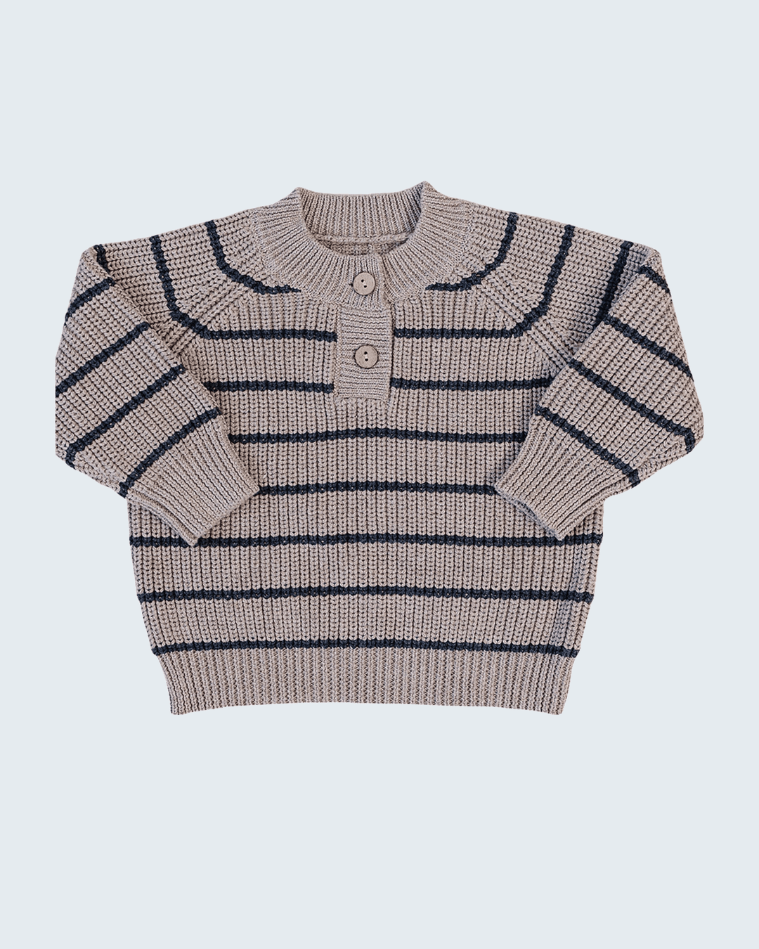 A beige knit sweater with horizontal navy blue stripes, featuring a short button placket and ribbed cuffs and hem, shown flat on a light gray background.