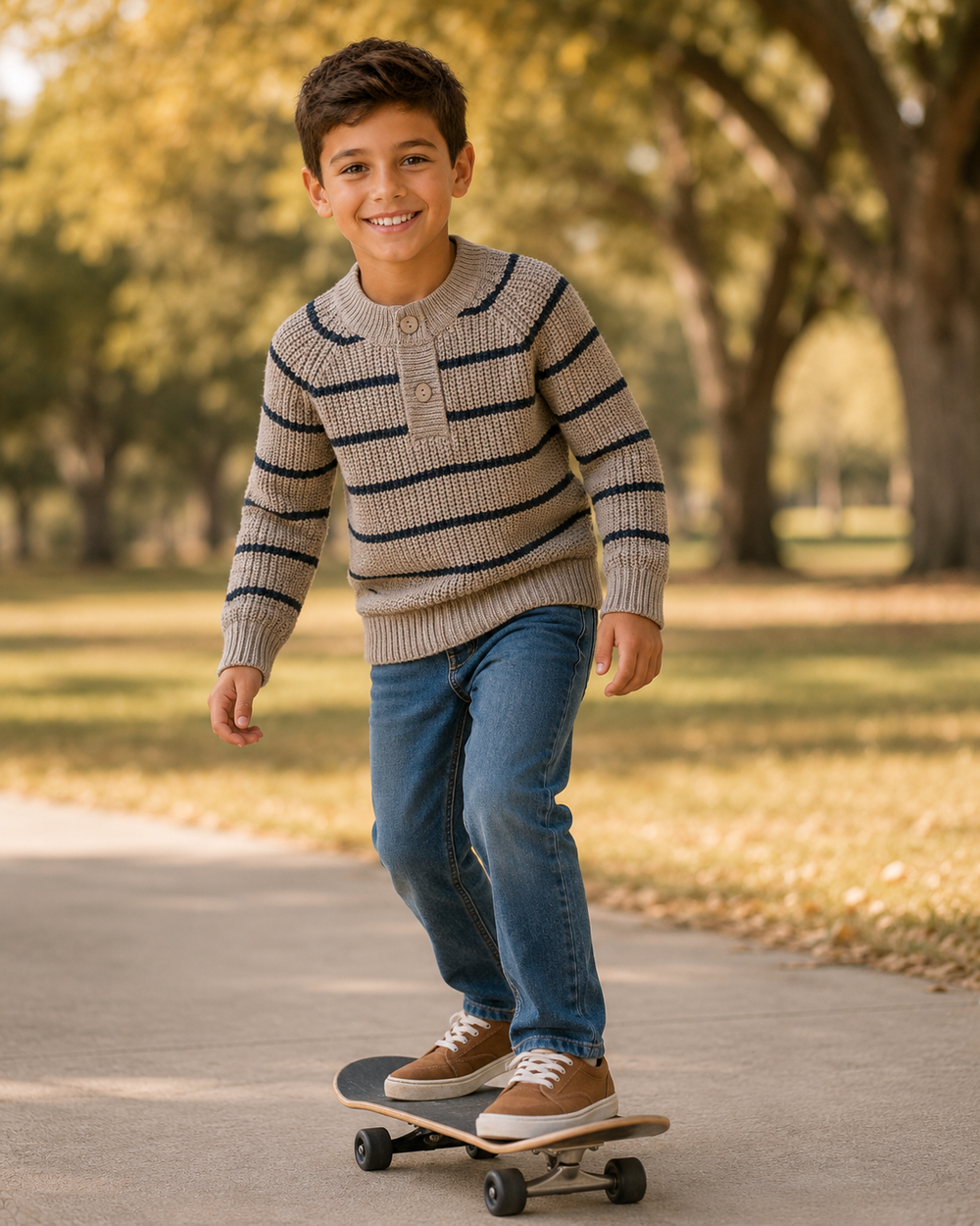 Young boy on a skateboard in a park
