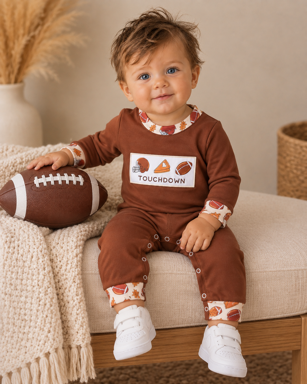 Brown baby romper on toddler, football touchdown patch, long sleeves, button snap legs