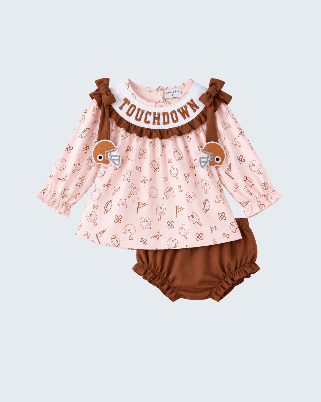 Toddler football bloomer set, pink long-sleeve dress top with 'Touchdown' and brown bloomer