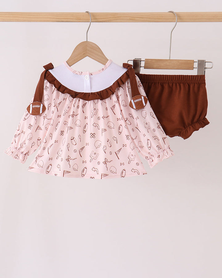 Football bloomer set: pink printed top with brown ruffle collar and brown shorts