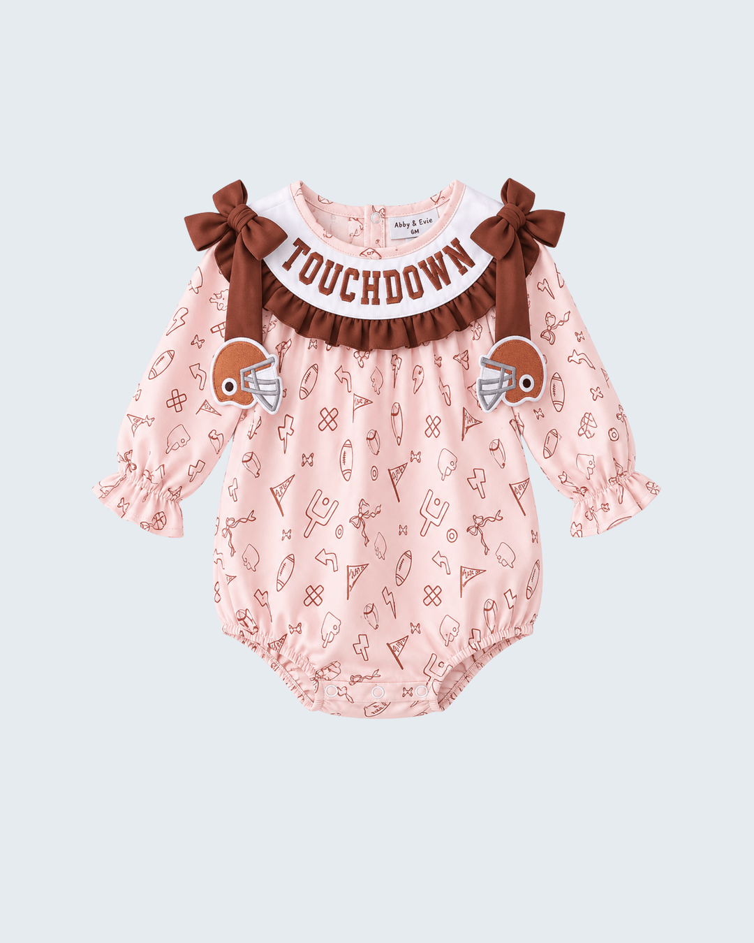 Pink embroidered bubble romper with brown ruffle collar and FOOTBALL text