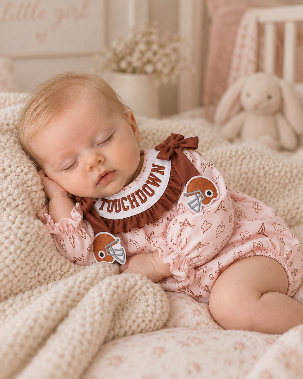 Pink patterned bubble romper with brown bow shoulder accents and touchdown embroidery