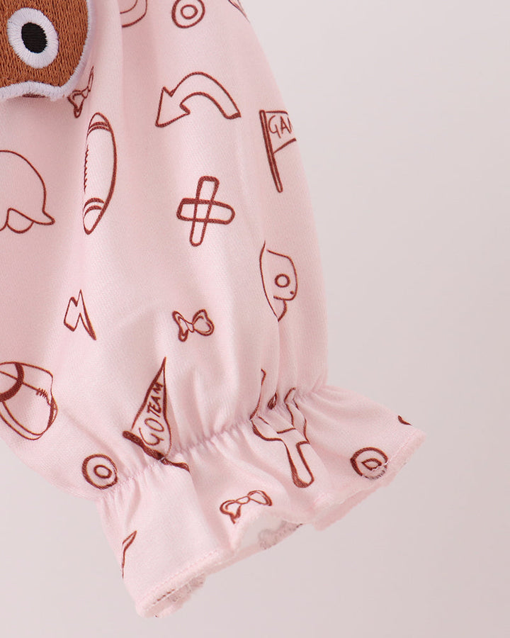 Toddler bubble romper with all-over sports icon print and gathered cuffs