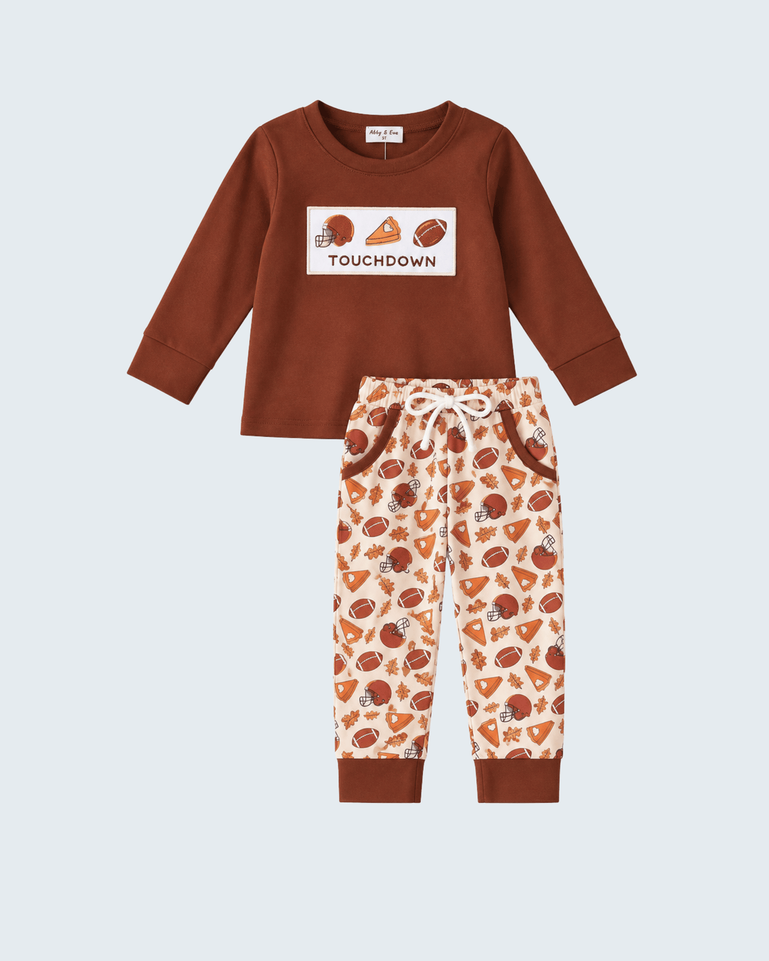 Brown long-sleeve top and football-pattern pants set for toddlers